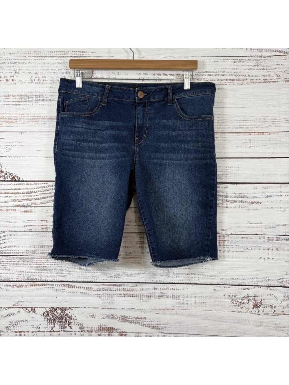1822 Denim Blue Medium Wash Bermuda Raw Hem Shorts